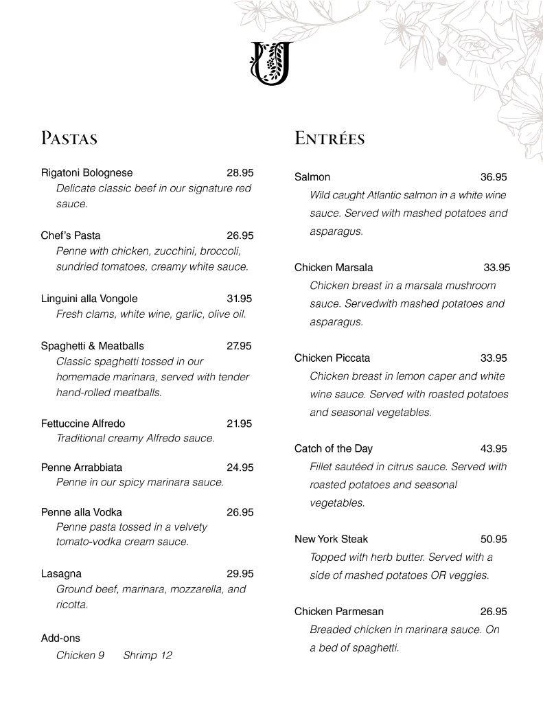Pastas & Entrees Menu